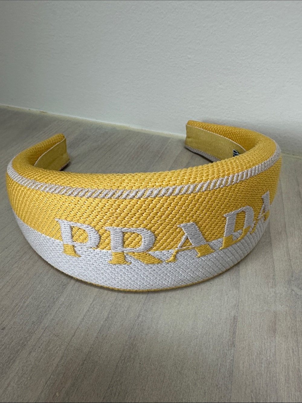 AUTHENTIC Prada Yellow & White Embroidered Logo Padded Headband - Bold Logo - Picture 3 of 6